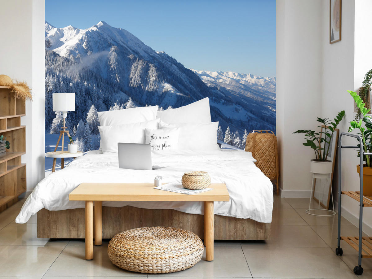 FOTOTAPETA Pre Obývaciu Izbu Drevená Chata Hory Stromy Zima 450 x 315 cm - biela, papier (450/315cm) - Muralo