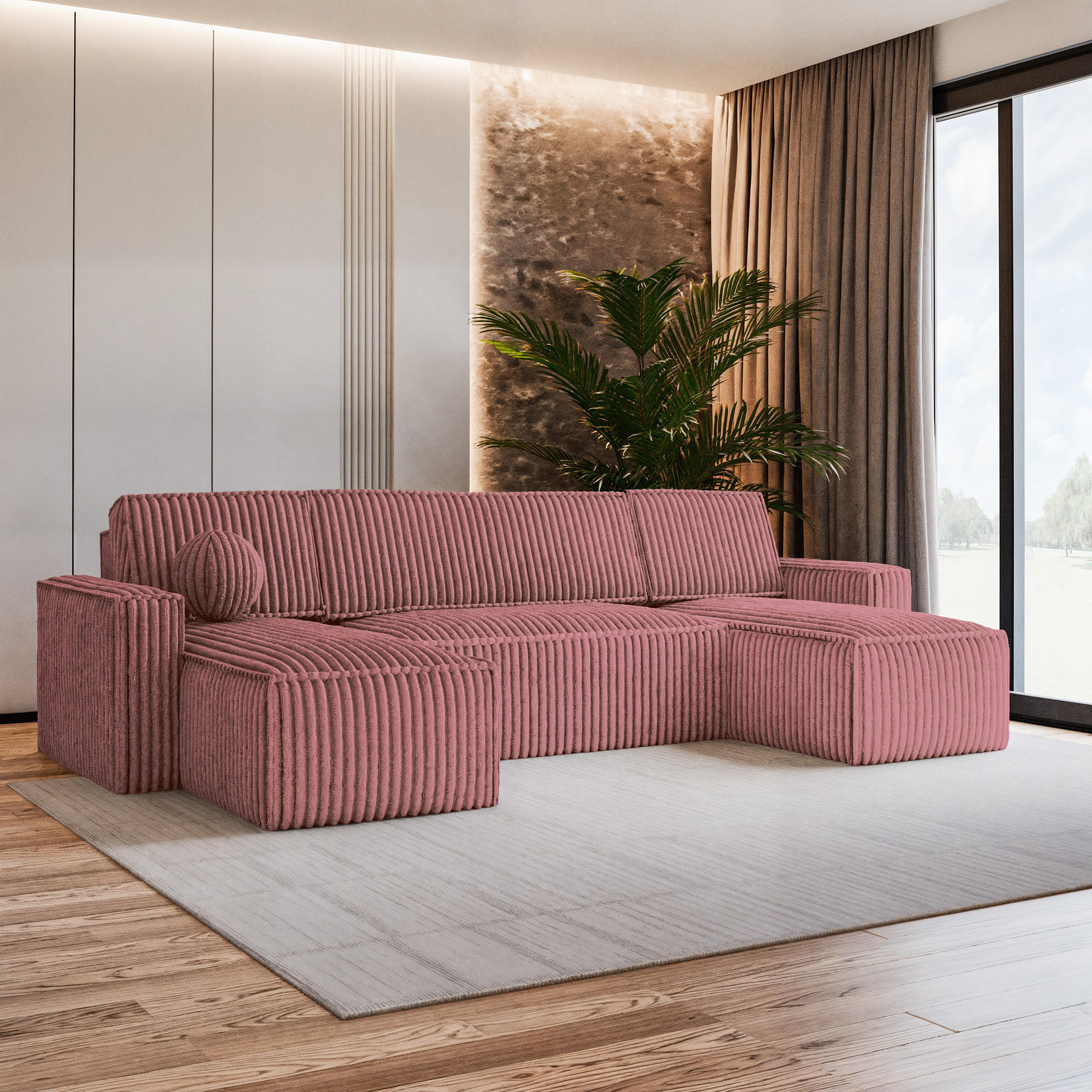 WOHNLANDSCHAFT PESANO T Rosa Kordstoff mit Schlaffunktion - Rosa, Holz (306/85/140cm) - MASSENO