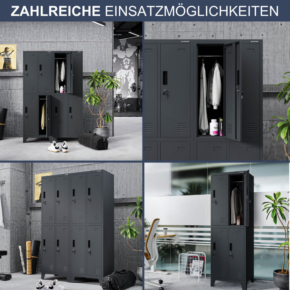 UMKLEIDESCHRANK Spind BERLIN 4 Abteile 172x55,9x45cm Anthrazit - Anthrazit, Metall (55.9/172/45cm) - DELUKE
