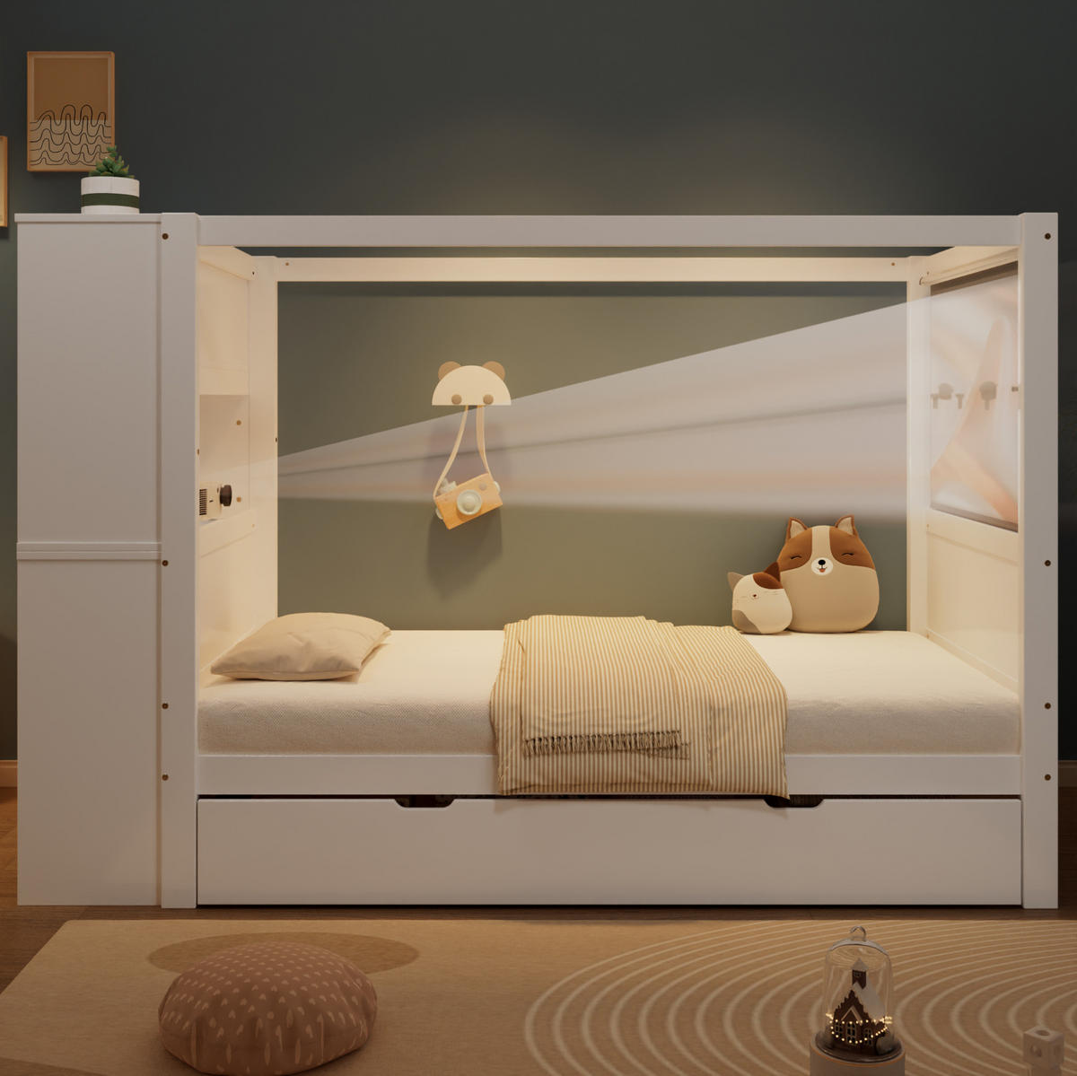 KINDERBETT aus Kiefernholz und MDF 90x200 cm Weiß mit Fallschutz, 5 Schubladen und seitlichem Stauraum - Weiß, Holzwerkstoff (90/200cm) - Modfu