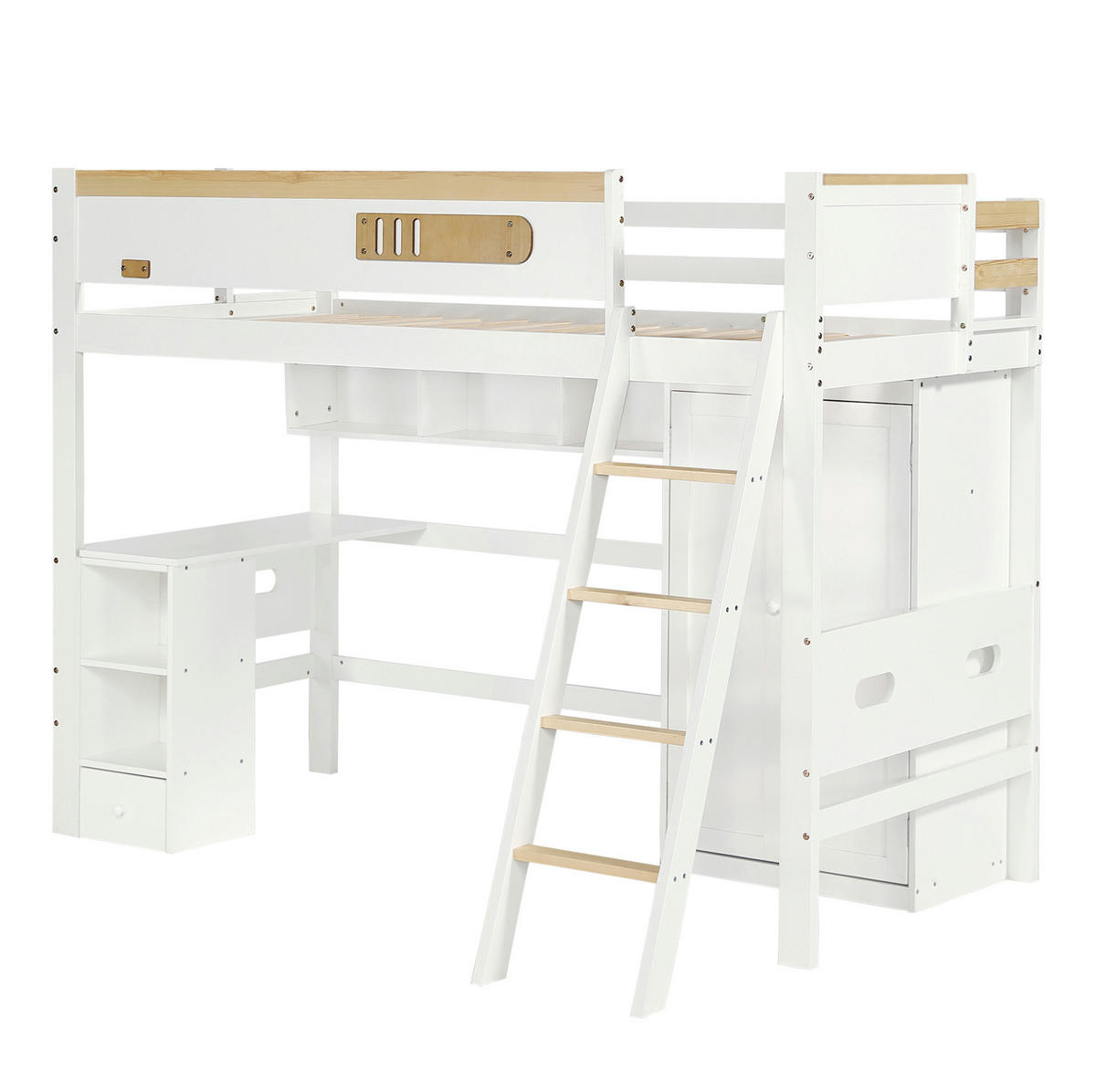ETAGENBETT 90/200 cm aus Kiefer und MDF mit Schreibtisch und Kleiderschrank Weiß/Natur - Weiß, Holz (90/200cm) - Modenvie