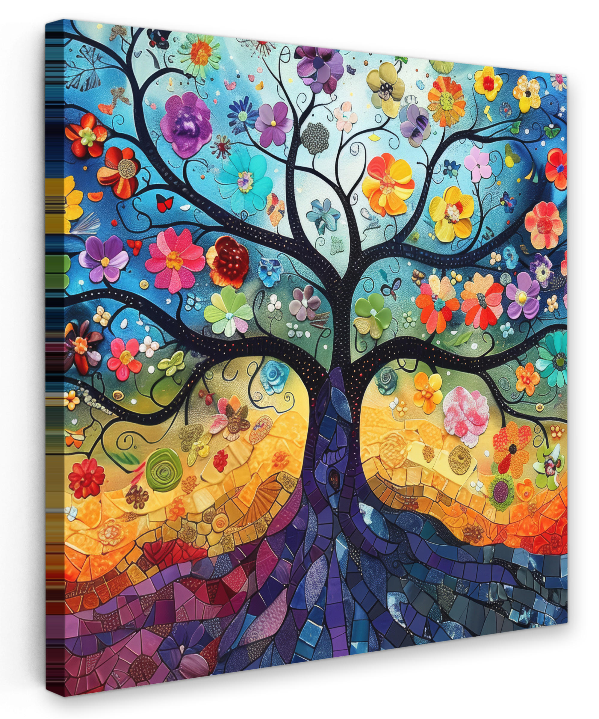 LEINWANDBILD Kunst - Baum des Lebens - Blumen - Hippie 90x90 cm - Dunkelblau, Textil (90/90cm) - MuchoWow