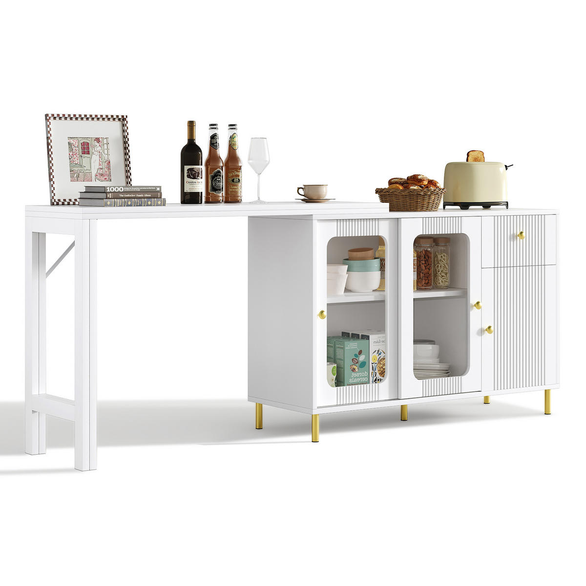 SIDEBOARD 116/40/78,5 cm in Weiß mit Auszugstisch, Glastüren & Schubladen - Weiß, Holzwerkstoff (116/78/40cm) - BEAOK