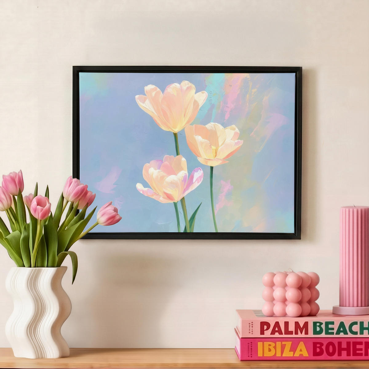 LEINWAND Bilder mit Rahmen - Tulpen - Rosa Akzente - Blau - 40x30 - Pastellblau, Textil (40/30cm) - MuchoWow