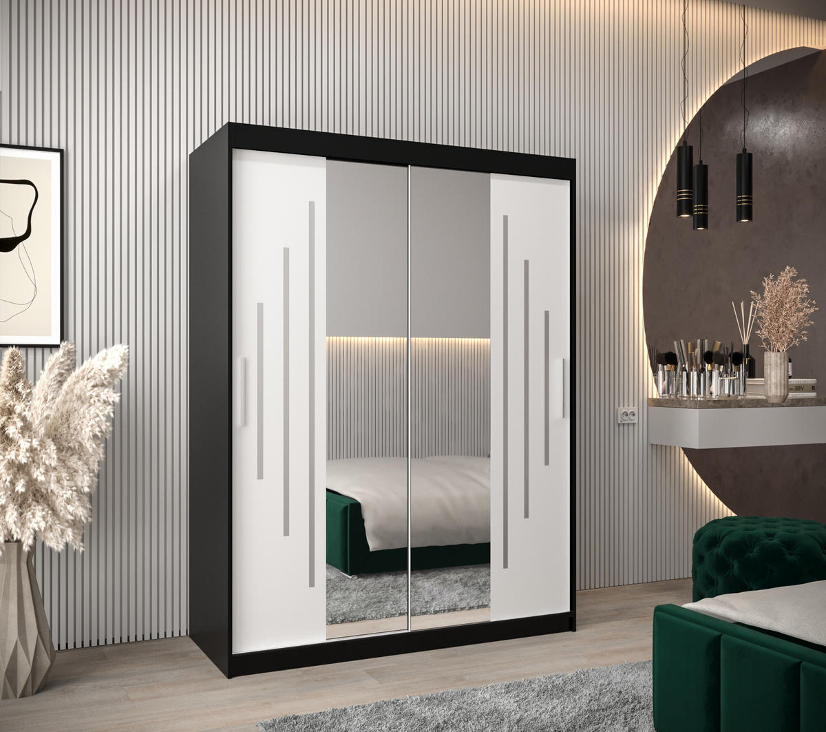 SCHWEBETÜRENSCHRANK 200/150/62 2-türig - Silberfarben/Schwarz, Holz/Kunststoff (150/200/62cm) - Abiks Möbel