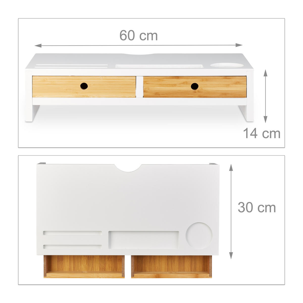 MONITORSTÄNDER Weiß Natur Bambus 2 Schubladen - Weiß, Holz (30/60/14cm) - Relaxdays