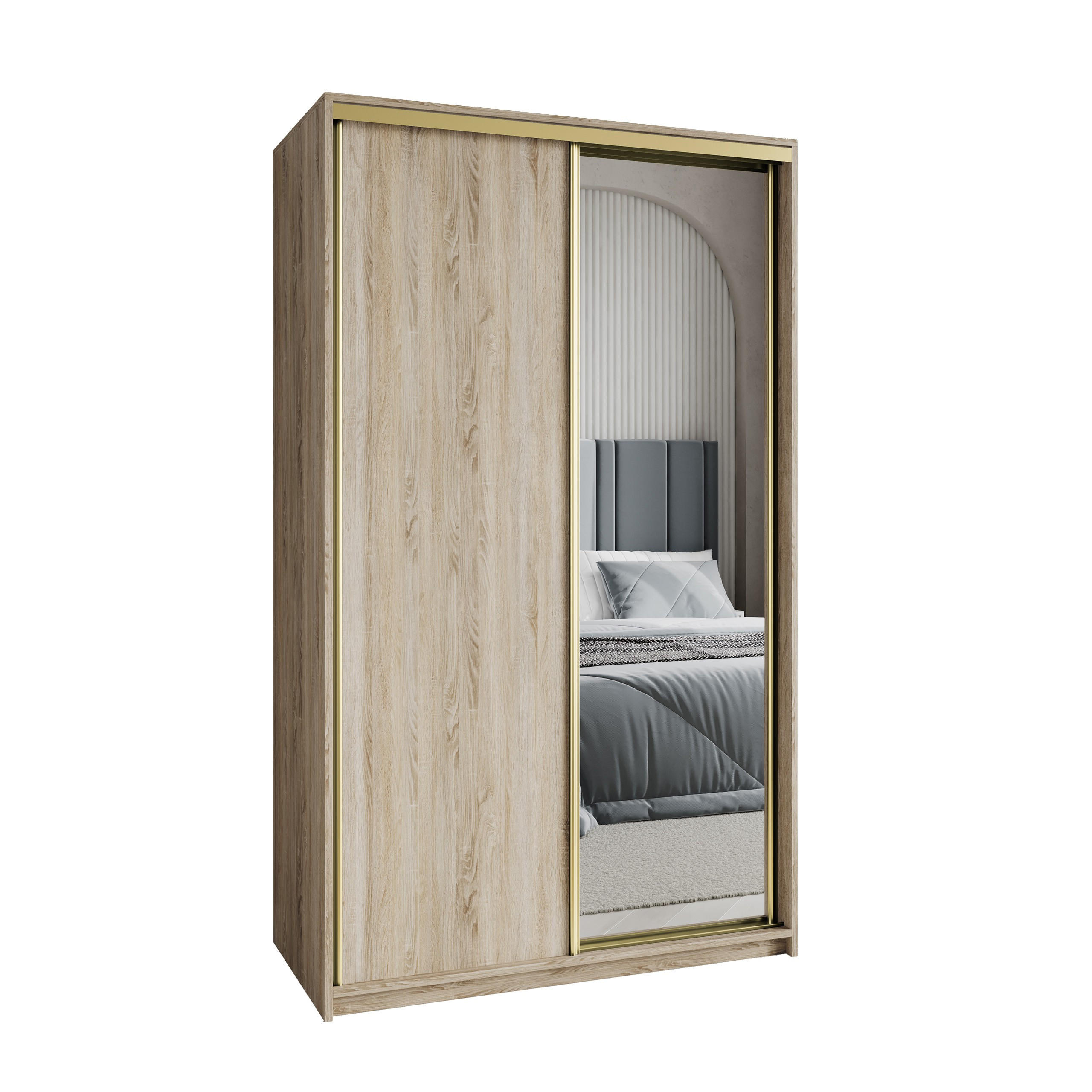 SCHWEBETÜRENSCHRANK TAVI 120/205/60 cm 2-türig mit Spiegel Sonoma Eiche - Sonoma Eiche, Holzwerkstoff (120/205/60cm) - MASSENO