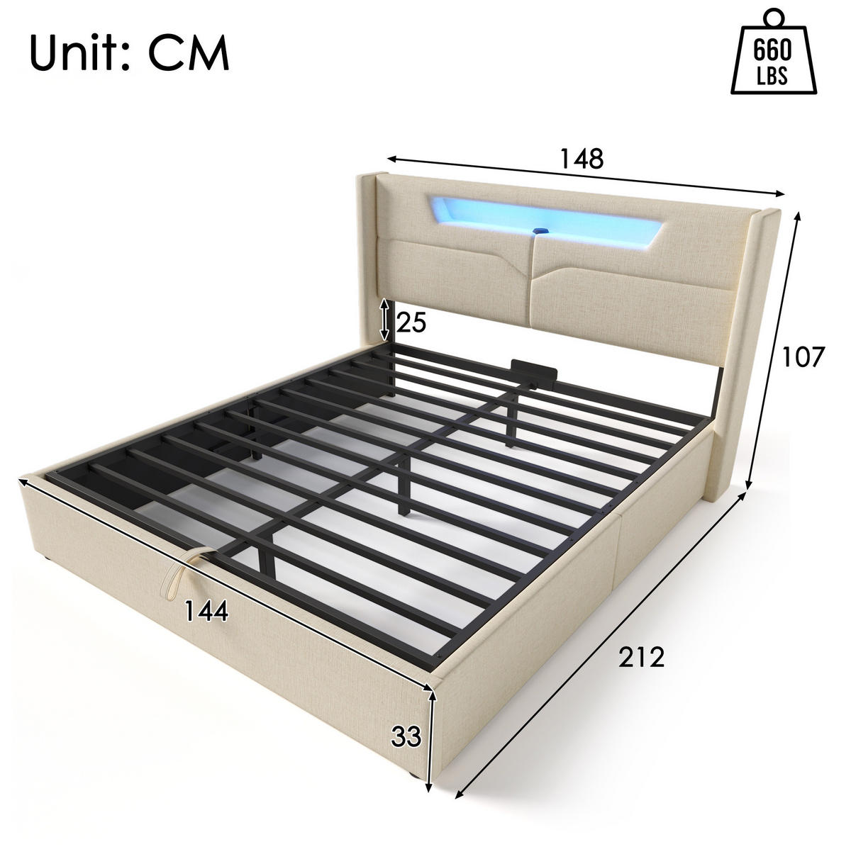 POLSTERBETT mit LED, USB und Stauraum 140x200 cm Beige - Beige, Metall (140/200cm) - Meubliv