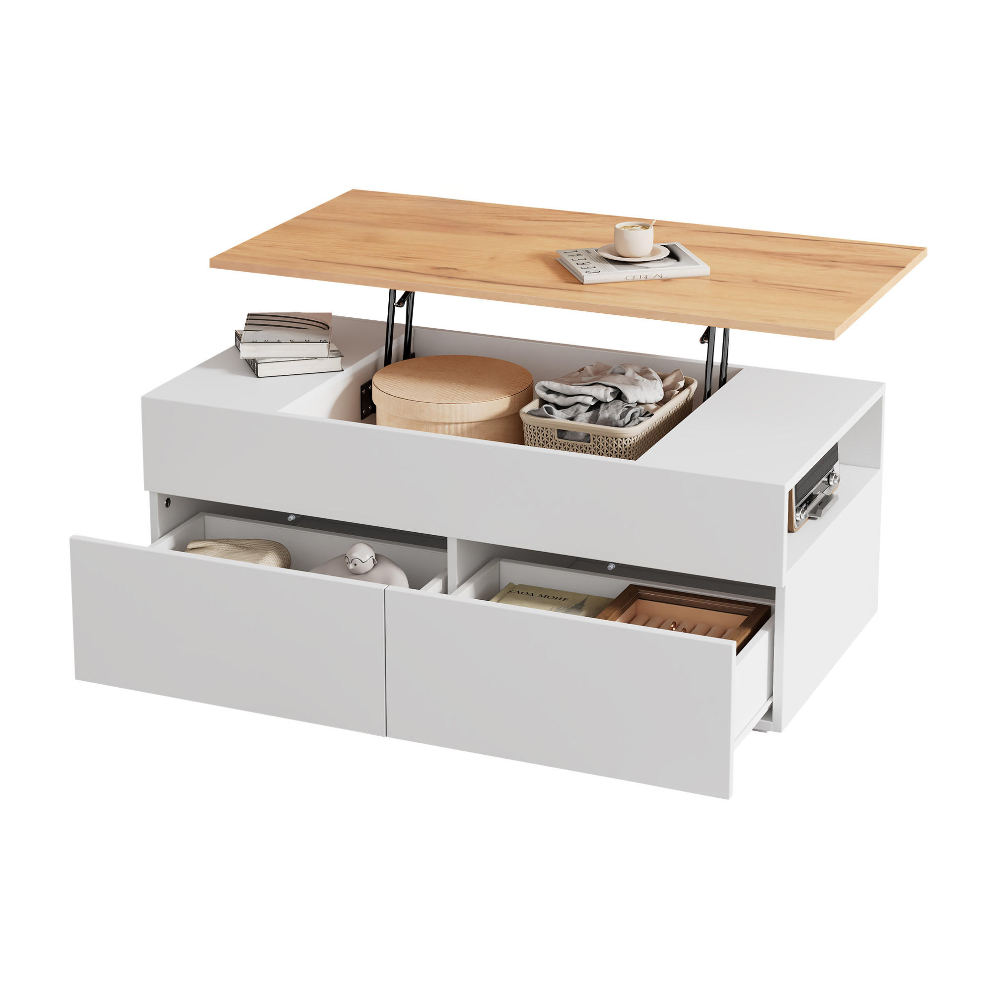 COUCHTISCH 100/50/40 cm Weiß Holzoptik höhenverstellbar mit 2 Schubladen und Stauraum - Weiß, Holzwerkstoff (100/50/40cm) - OKWISH