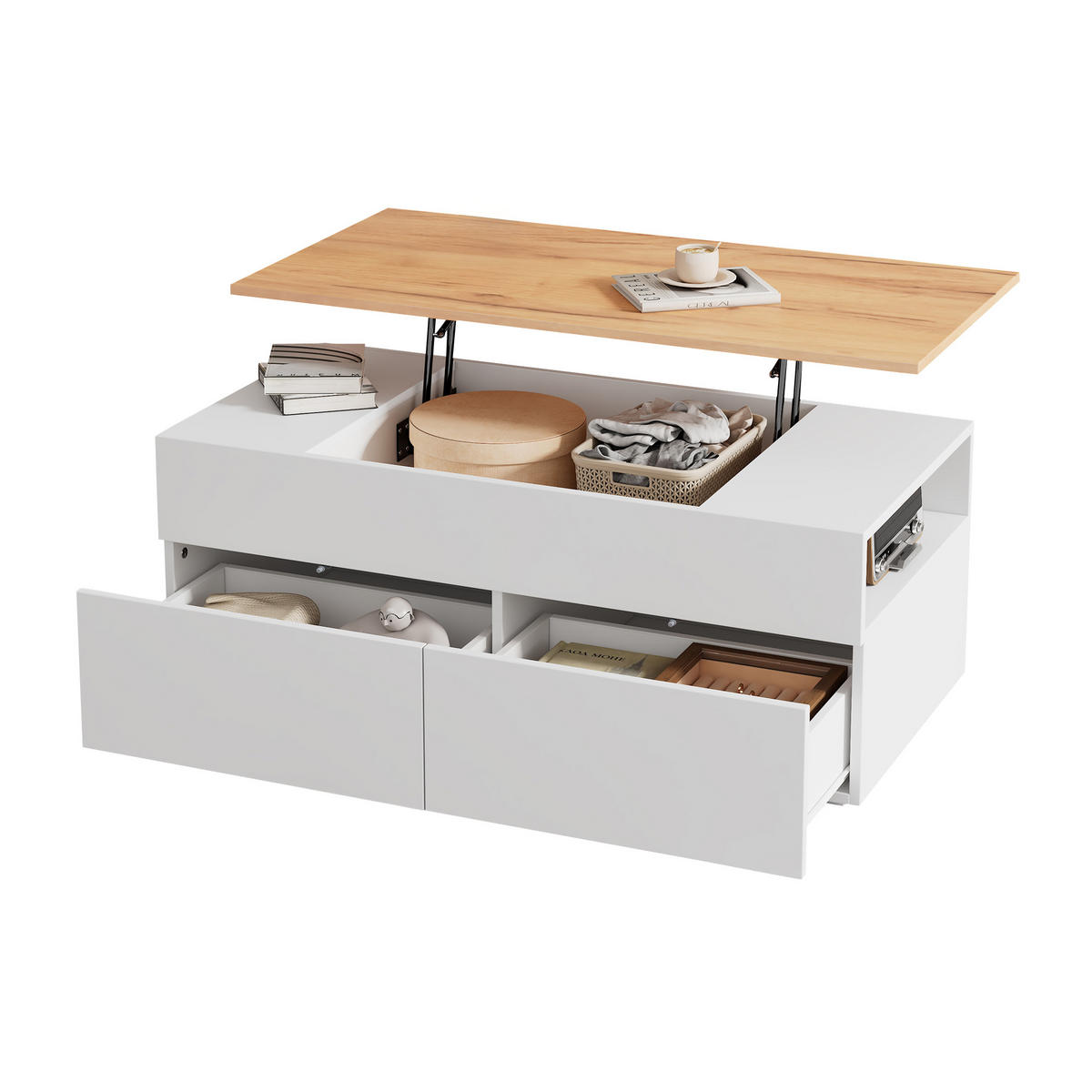 COUCHTISCH 100/50/40 cm Weiß Holzoptik höhenverstellbar mit 2 Schubladen und Stauraum - Weiß, Holzwerkstoff (100/50/40cm) - OKWISH