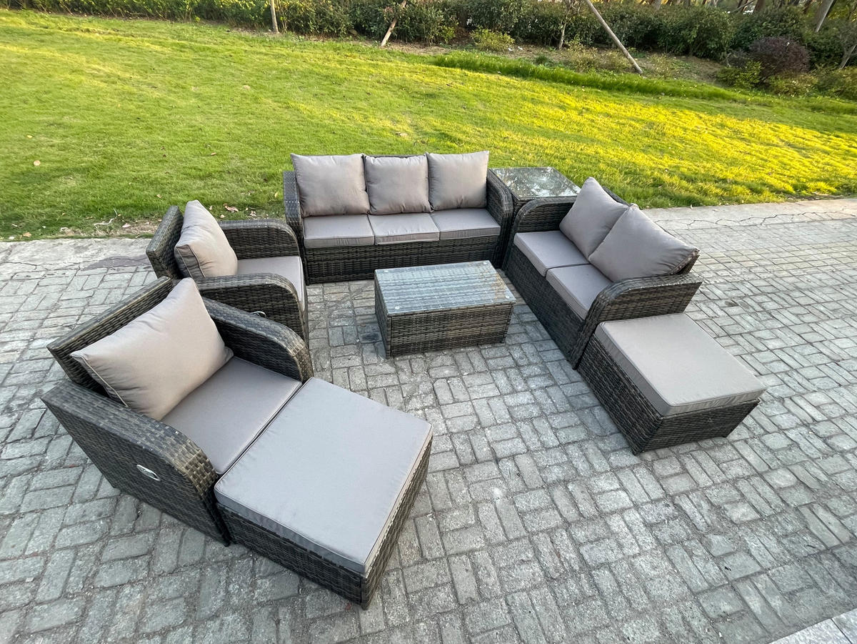 GARTENMÖBELSET mit Couchtisch Polyrattan 9-Sitzer - Dunkelgrau/Grau, Glas/Kunststoff - Fimous