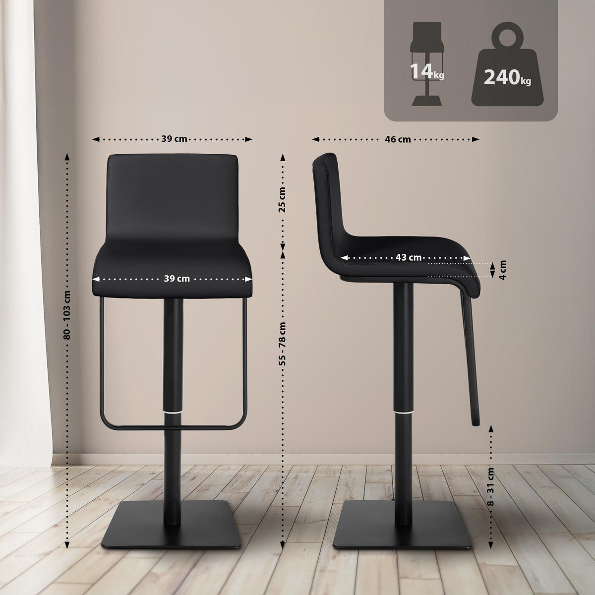 BARHOCKER 2er Set Lederlook Schwarz - Schwarz, Textil/Metall (39/80/46cm) - CLP