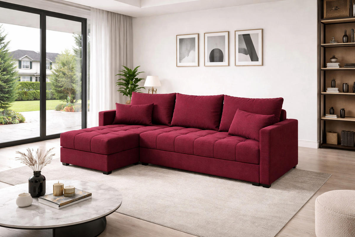 WOHNLANDSCHAFT AURELIA– Ecksofa in L-Form mit Schlaffunktion Bettkasten & Kissen Stoff KRONOS 226 cm Rot - Rot, Kunststoff (226/140cm) - Wohnideebilder