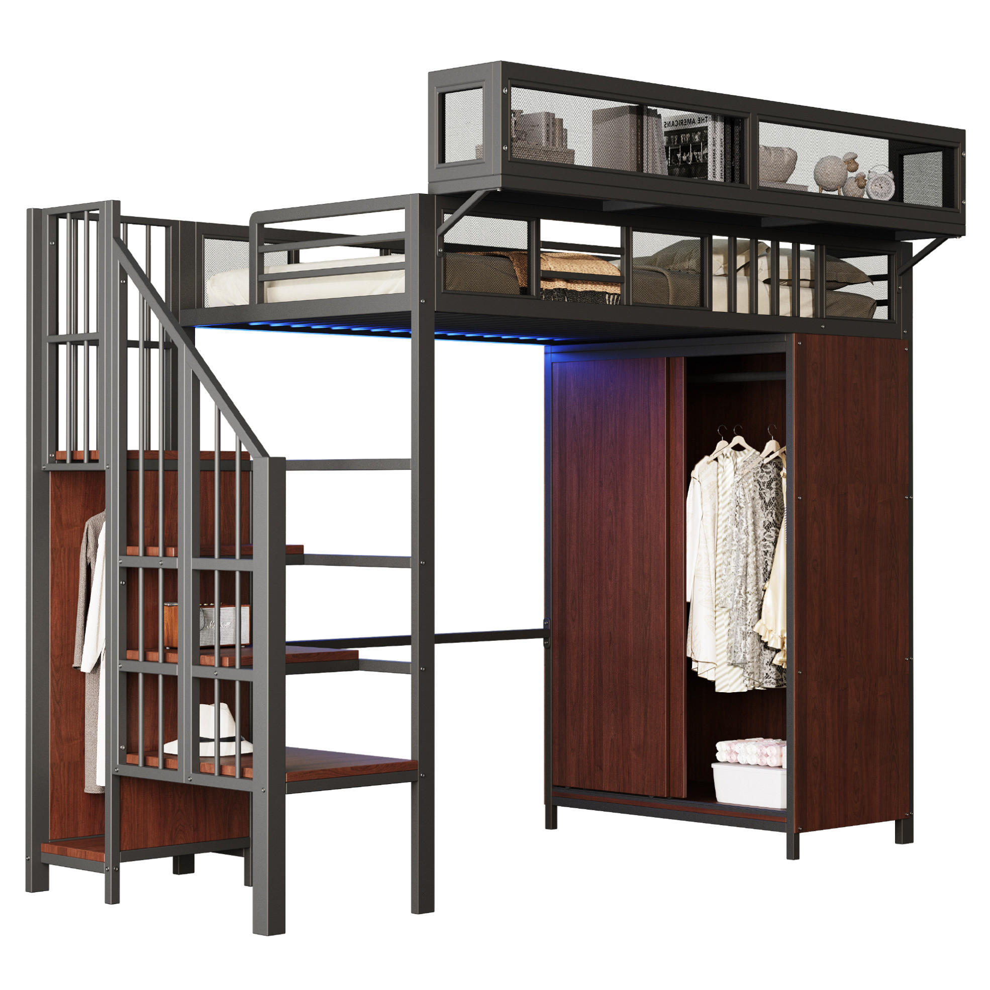 HOCHBETT 90/200 cm mit Kleiderschrank, LED-Beleuchtung und Stauraumleiter, Metall/ Holzwerkstoff, Schwarz - Schwarz, Metall (90/200cm) - Redom