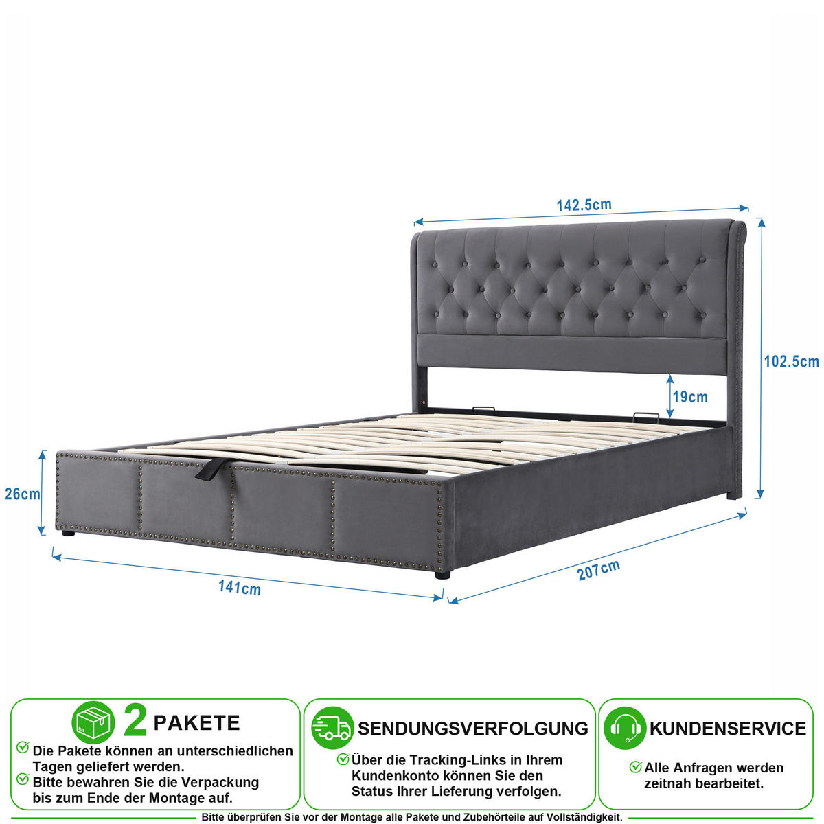 POLSTERBETT 140/200 cm in Grau Samt mit Bettkasten und Nieten - Grau, Holzwerkstoff/Textil (140/200cm) - CHICFURN