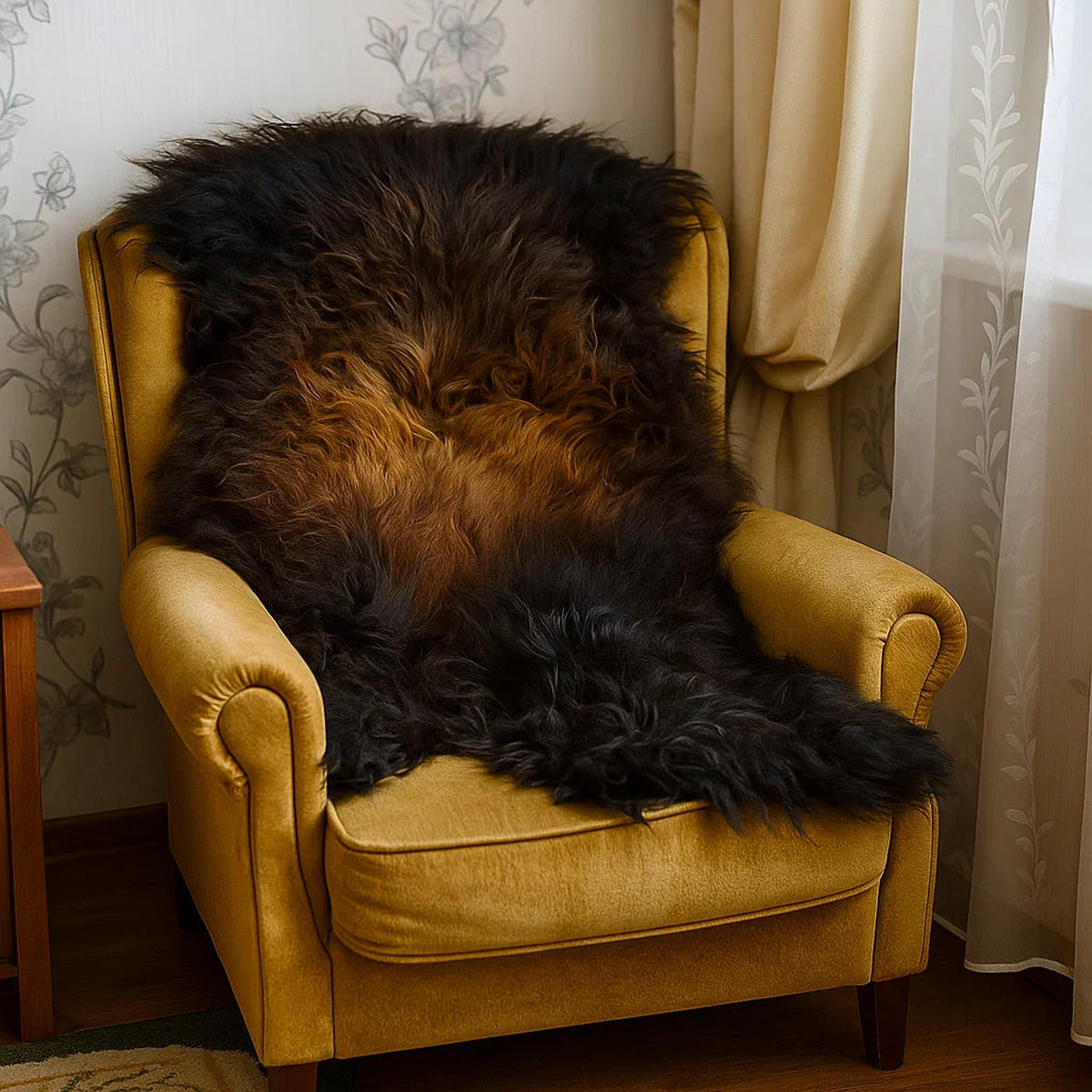 SCHAFFELL Island, schwarz-gold, naturbelassen, ökologisch gegerbt, ca. 120 cm - Goldfarben/Schwarz, Fell (60/120cm) - Provellus