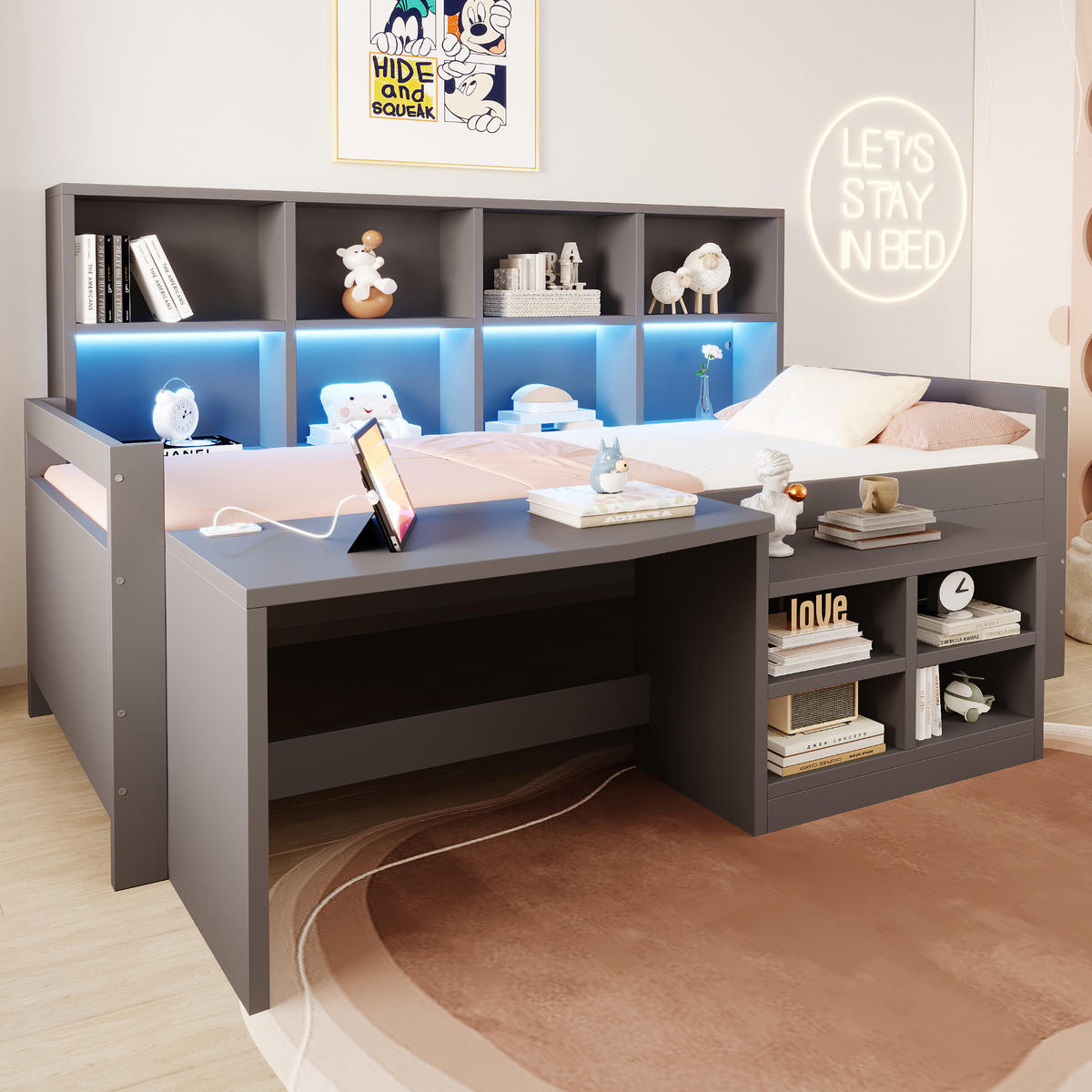 KINDERBETT 90x200cm Massivholz LED Schreibtisch Stauraum Grau - Grau, Holz (90/200cm) - FLIEKS