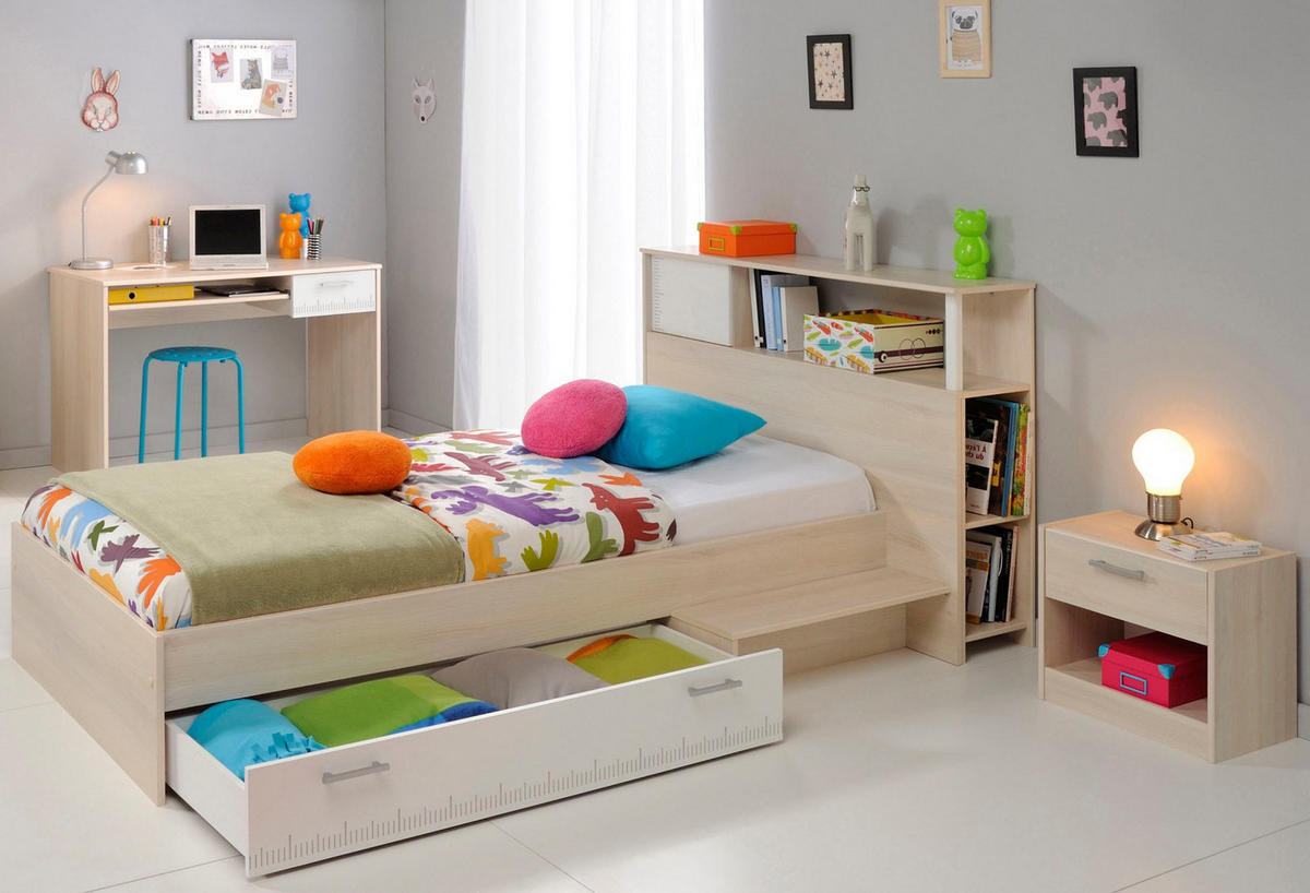 KINDERZIMMER Set 4-tlg Schreibtisch Nachttisch Stauraumbett 90 x 200 cm - Silberfarben/Weiß, Holzwerkstoff/Kunststoff (220/93/123cm) - Parisot Meuble