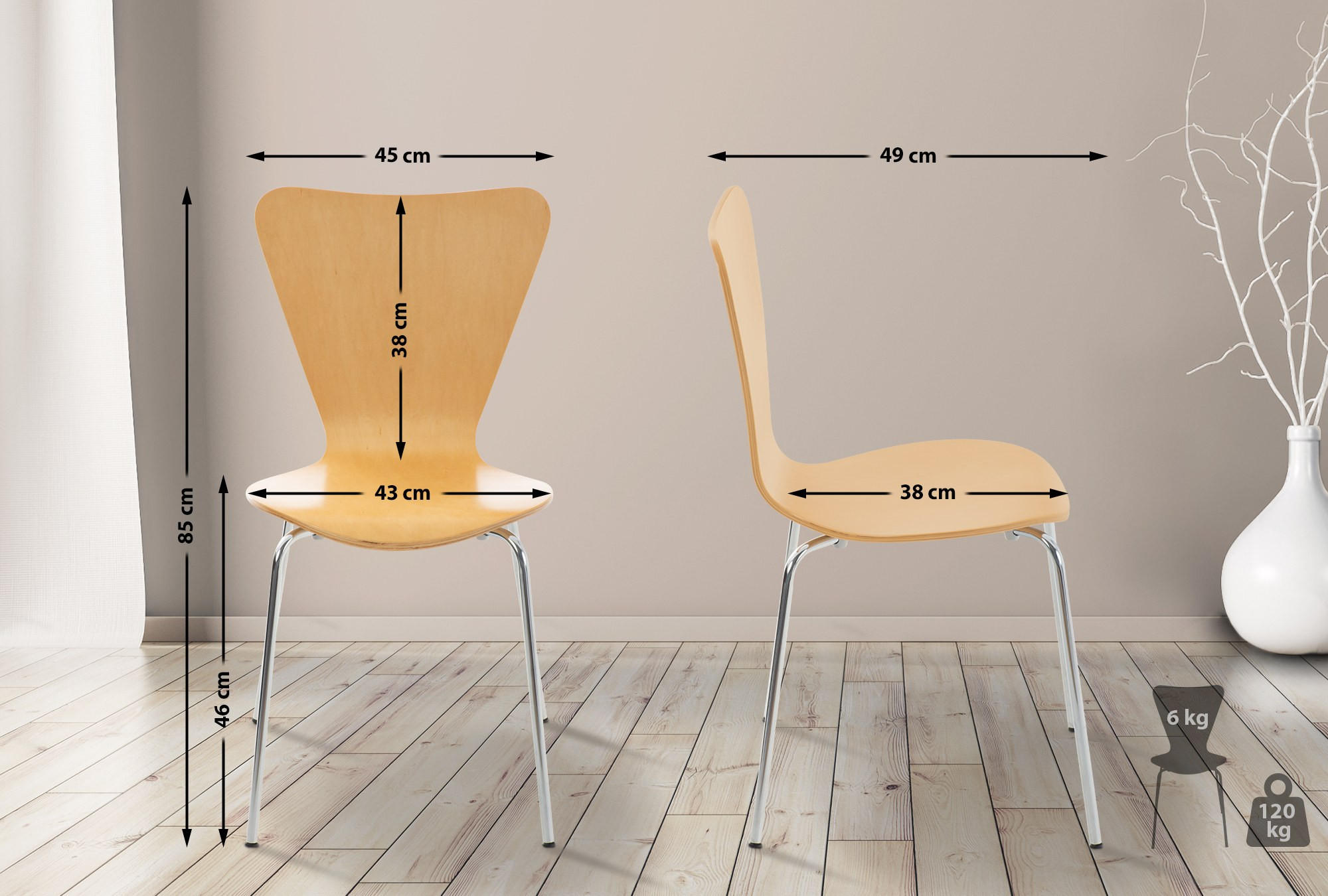 BESUCHERSTUHL 4er Set Holz Natura - Eukalyptusholzfarben, Holz/Metall (45/85/49cm) - CLP