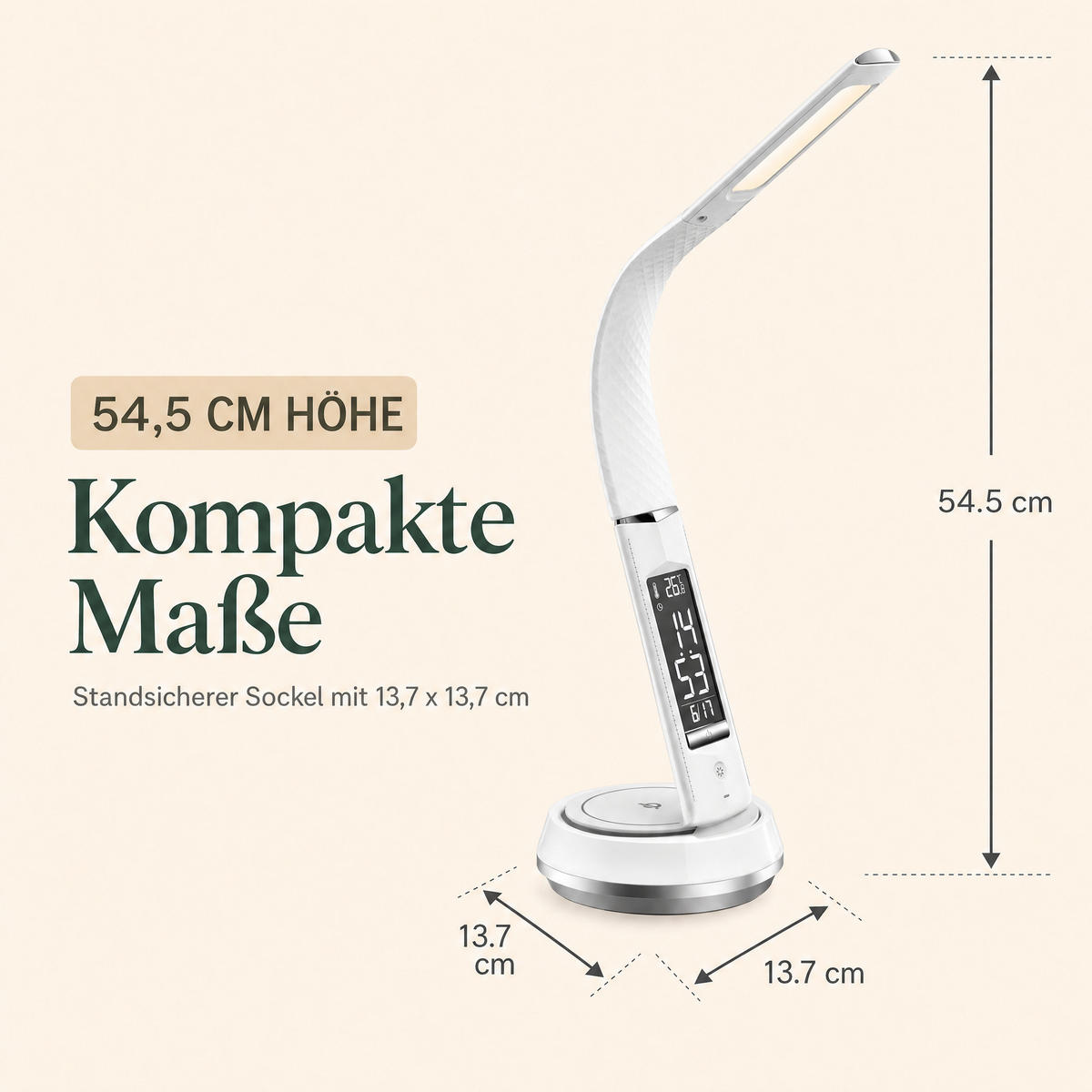 LED-SCHREIBTISCHLAMPE - mit drahtloser QI-Ladestation, Touch-Dimmer und integrierter Uhr für modernes Arbeiten - Weiß, Kunststoff (13.7/13.7/54.5cm) - Northpoint