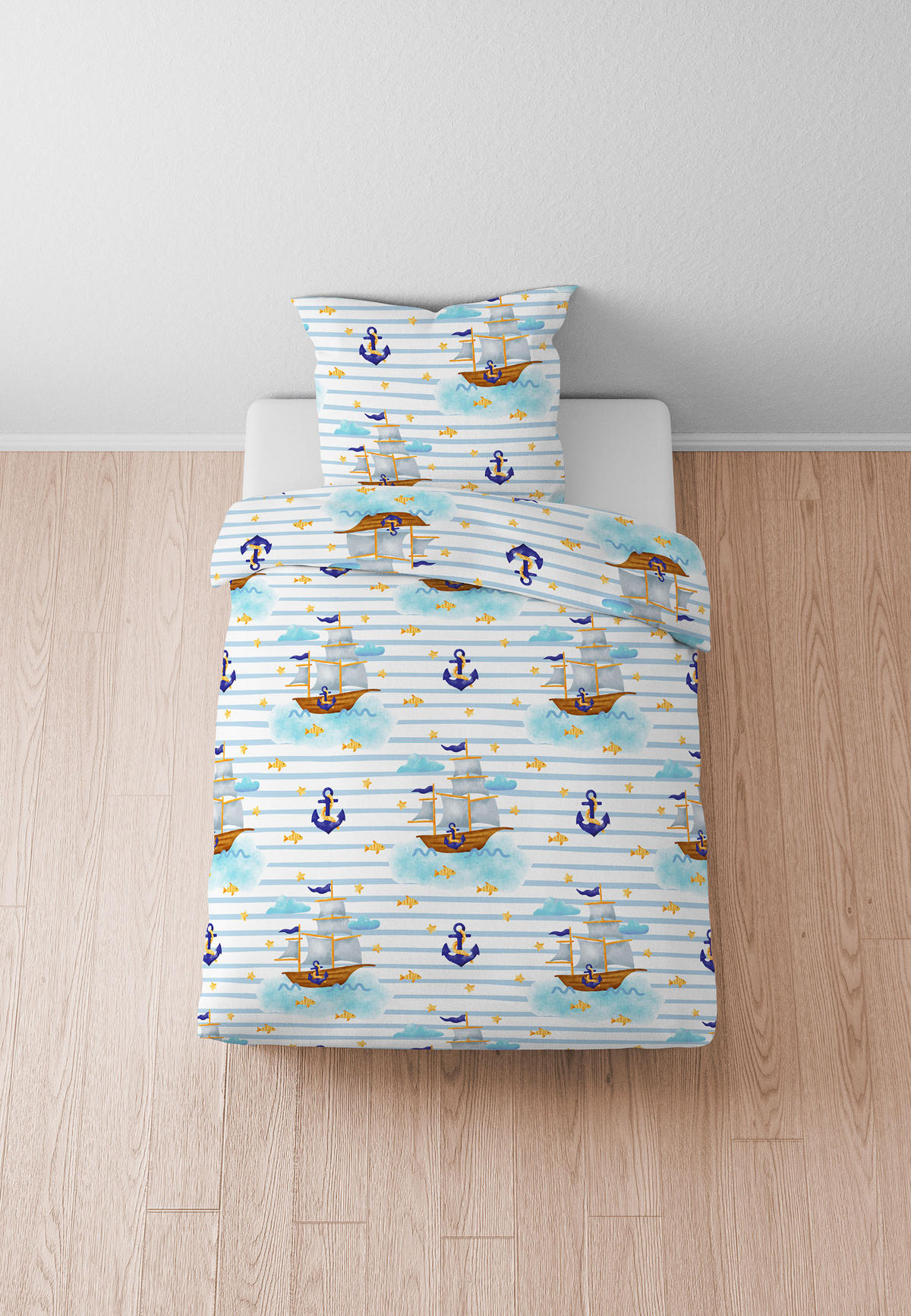 BETTWÄSCHE-GARNITUR Linon Schiffe ciel, 135x200 cm + 80x80 cm - Hellblau, Textil (135/200cm) - biberna