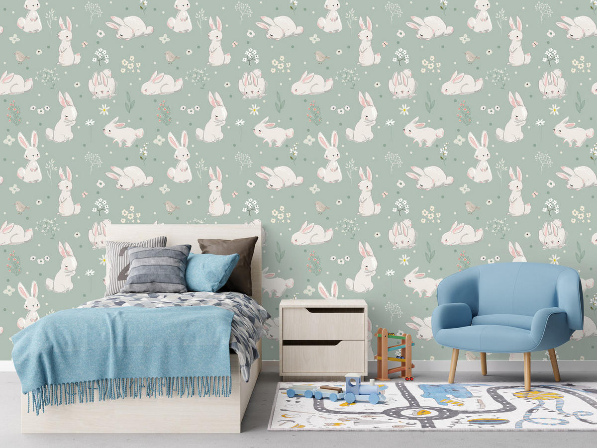 VLIESTAPETE Häschen, Vögel und Blüten – Mint, Rosa, Weiß – 50x1000 cm - Rosa/Weiß, Papier (50/1000cm) - Muralo