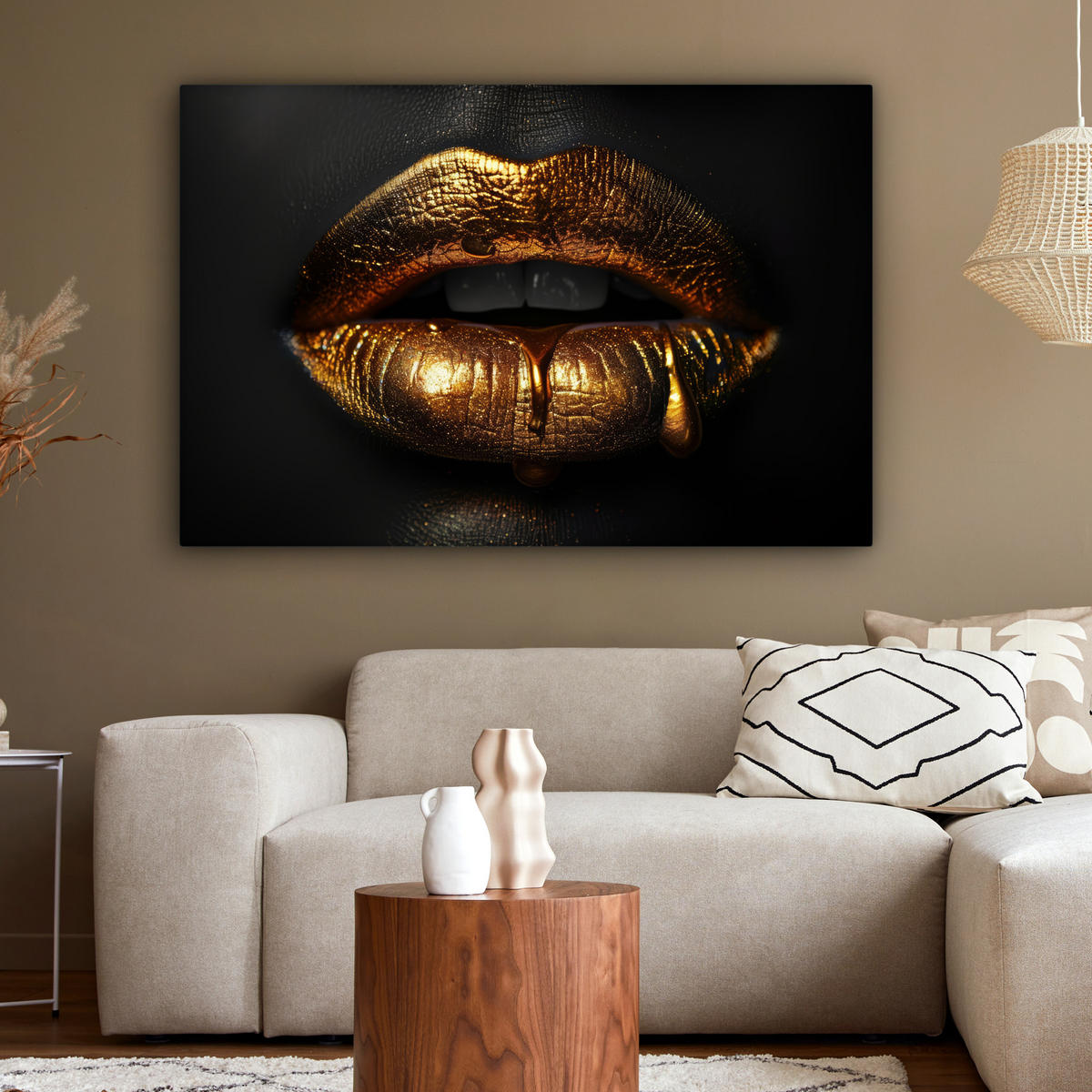 LEINWANDBILD Frau - Porträt - Lippen - Gold - Schwarz Groß 140x90 cm - Schwarz, Textil (140/90cm) - MuchoWow