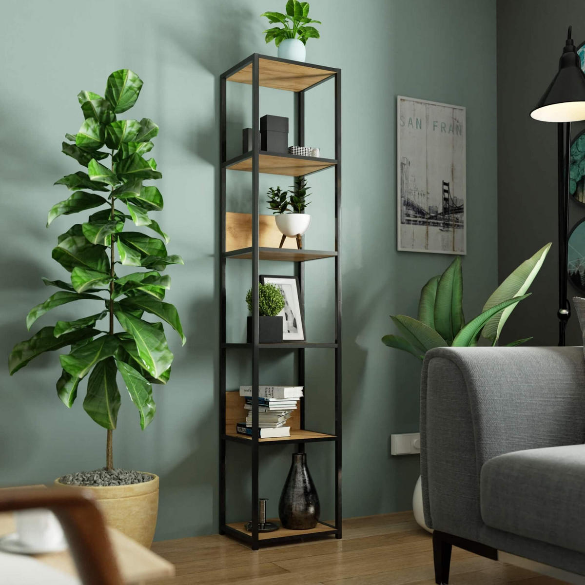 INDUSTRIEREGAL Schwarz, Craft-Eichenfarben 40x192x32 cm - Eichefarben/Schwarz, Holzwerkstoff/Metall (40/192/32cm) - Akord