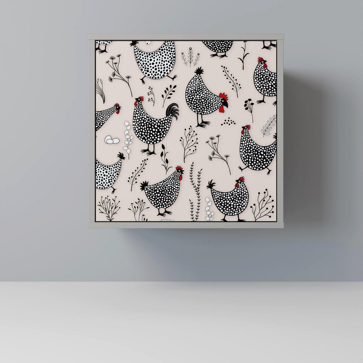 SIDEBOARD HAPPY HENS, Grau, 57,5x42x67,5 cm, Schwarze Metall-Rahmenfüße - Multicolor/Schwarz, Holzwerkstoff/Metall (57.5/67.5/42cm) - SpaceRebels