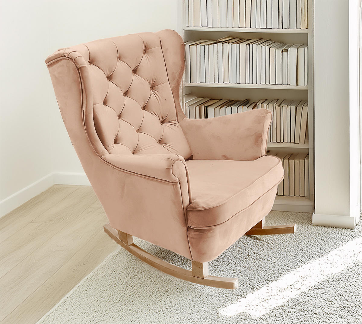 SCHAUKELSESSEL mit gepolstertem Sitz und Armlehnen, 102x81x95 cm, Powder Pink_29829 - Hellrosa/Buchefarben, Holz/Textil (81/102/95cm) - DomoHome