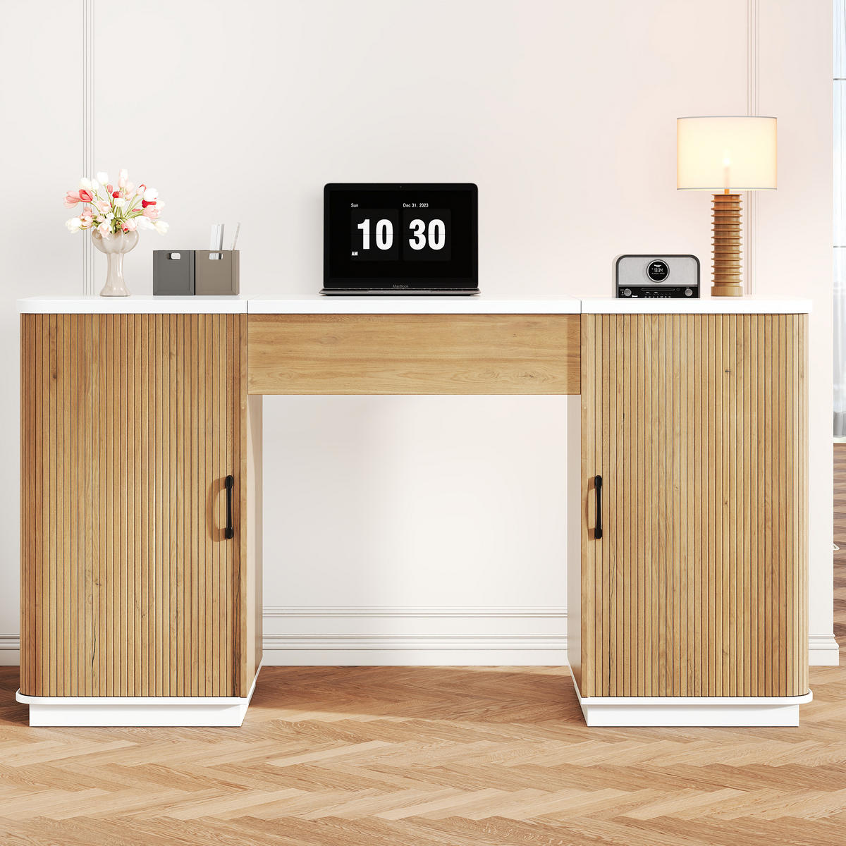 SCHREIBTISCH 140x50cm Höhenverstellbar Stauraum Weiß Eiche - Eiche Bianco, Holzwerkstoff (50/140/92cm) - FLIEKS