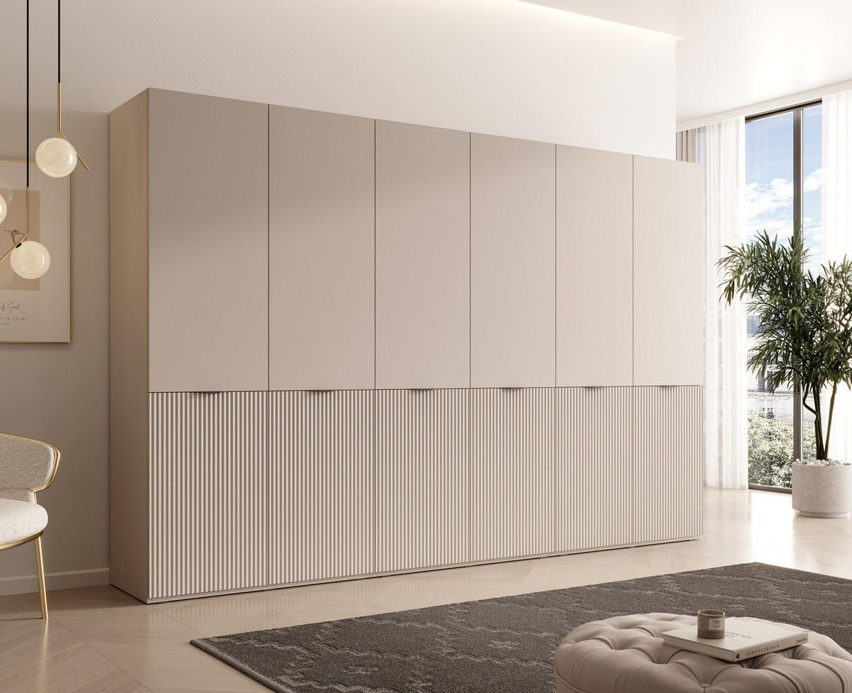 KLEIDERSCHRANK ZEN (Modular, Cashmere Matt, Rillenfront, 6-türig) - Kaschmir/Schwarz, Holz/Holzwerkstoff (303/200/51cm) - Ravio