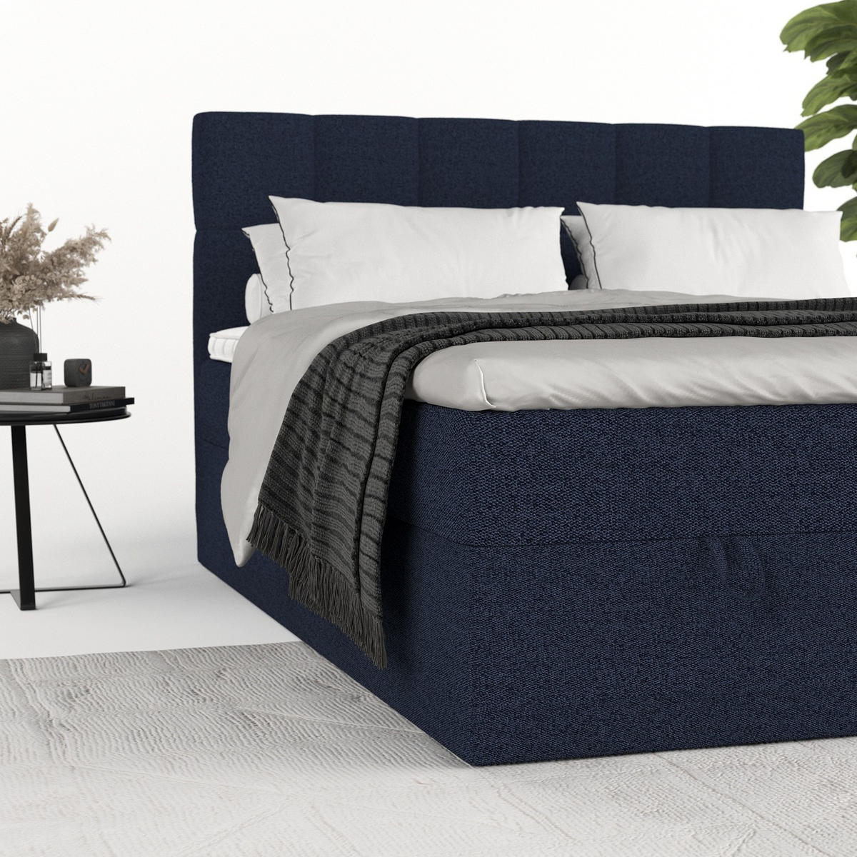 BOXBETT Savio 160/200 cm Marineblau im Riva Stoff - Schwarz/Dunkelblau, Holz/Holzwerkstoff (160/200cm) - AltaBeds