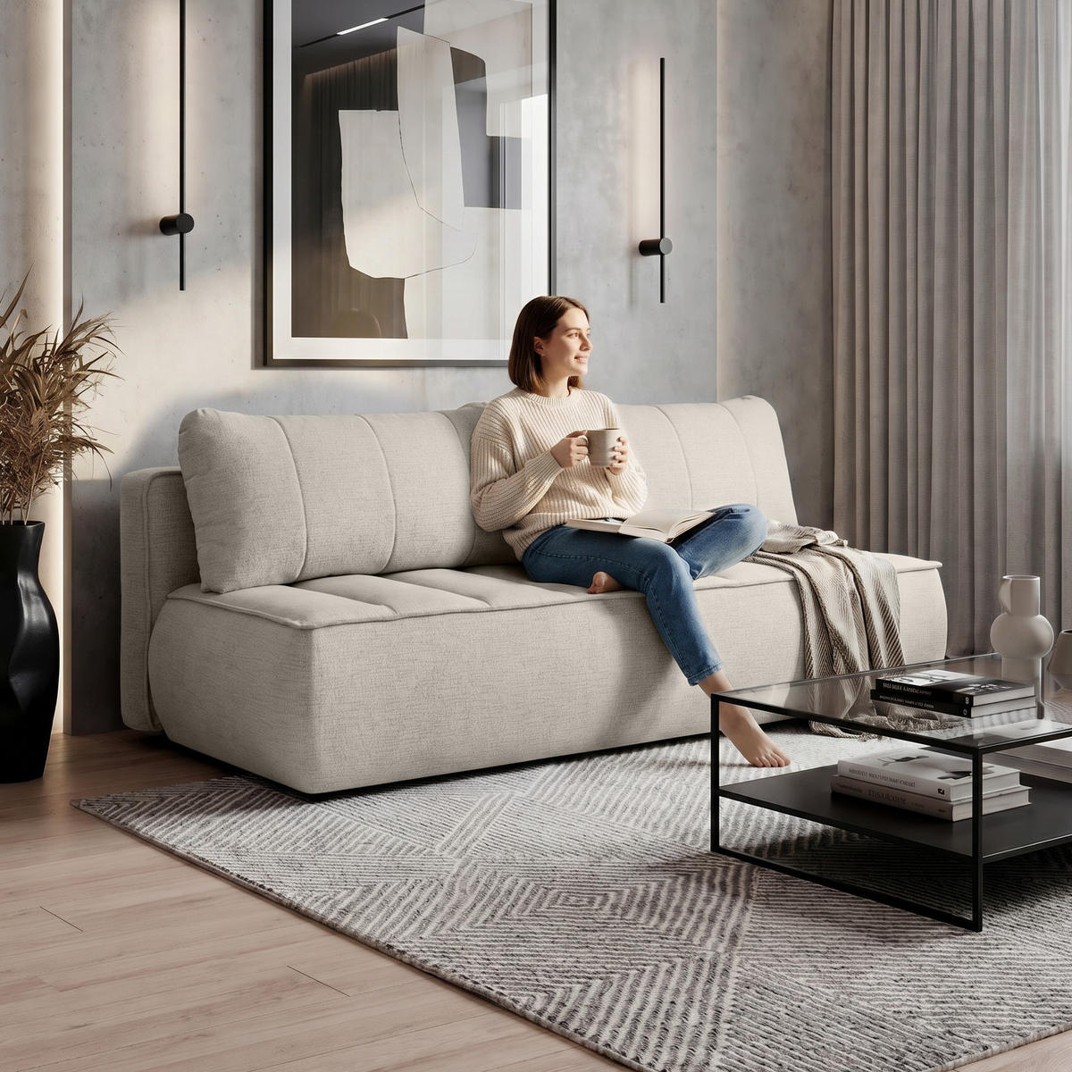 SCHLAFOSOFA Doris mit Schlaffunktion und Bettkasten, DL-System, Beige - Greige, Textil (210/88/100cm) - Beautysofa