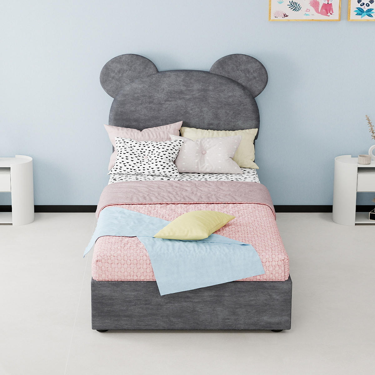 POLSTERBETT 90/200 cm in Grau mit Bettkasten Stoff im Cartoon-Design - Grau, Holzwerkstoff/Textil (90/200cm) - STILVORA