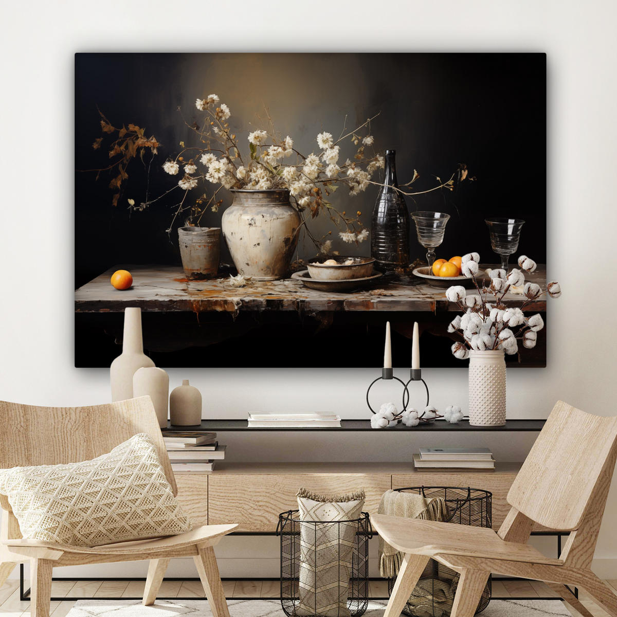 LEINWANDBILD Stilleben - Blumen - Blumenstrauß - Vase - Wein Groß 140x90 cm - Schwarz, Textil (140/90cm) - MuchoWow