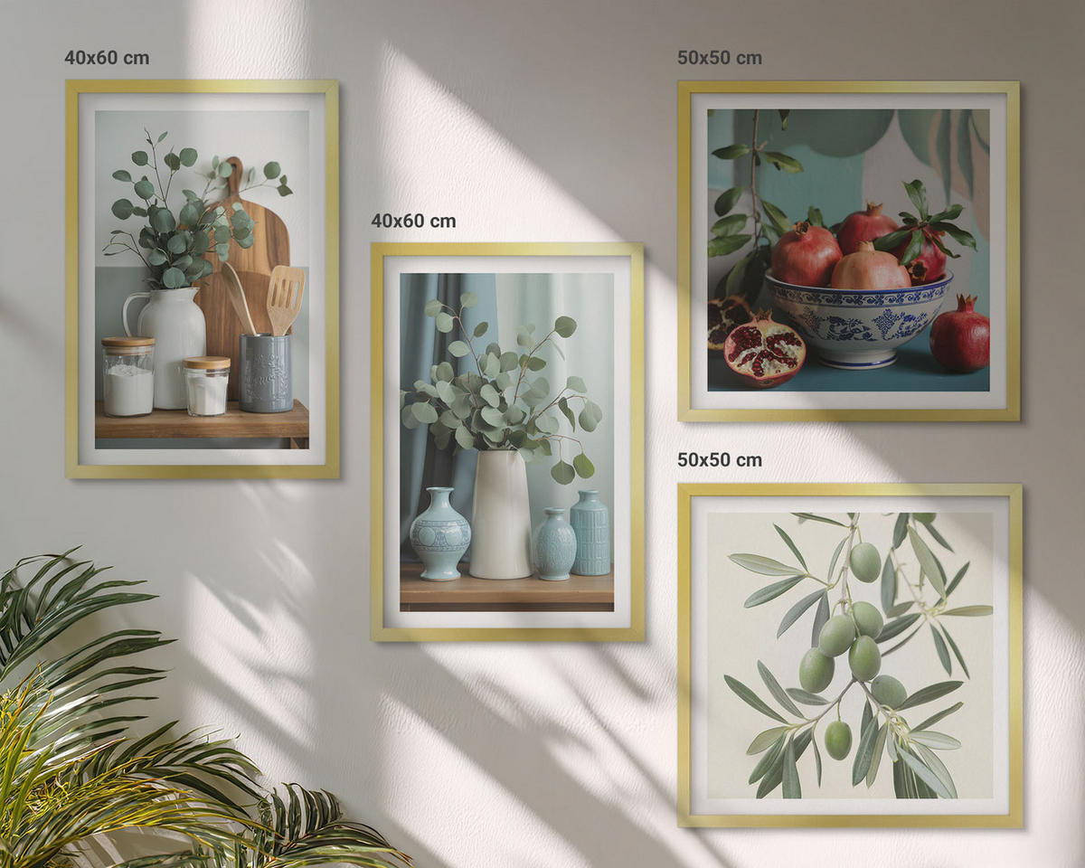 BILDER SET 4er Set - 50x50 cm & 40x60 cm Goldrahmen - Grüne Oliven, Eukalyptus - Goldfarben, Kunststoff (50/50cm) - TULUP