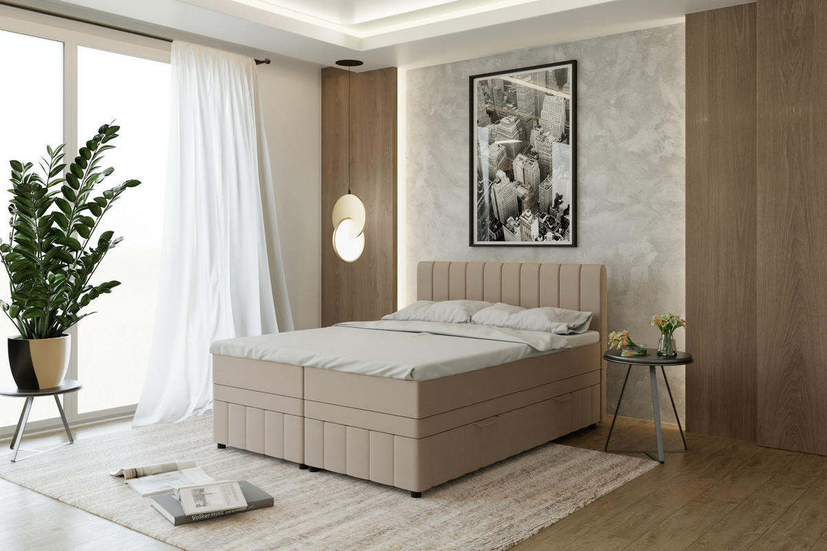 BOXBETT AVALON 160 x 200 cm mit Bettkasten und Topper - Beige - Beige, Holz - Panda Möbel