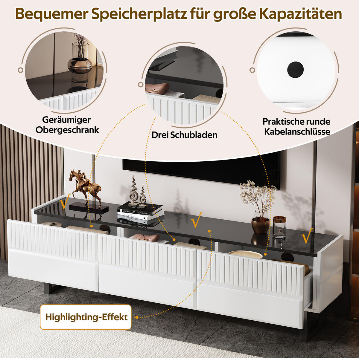 LOWBOARD Wohnzimmermöbel-Set 170/35/47 cm und 110/50,5/41 cm aus MDF und Holzwerkstoff mit Stauraum Schwarz/Weiß - Schwarz, Holzwerkstoff (170/47/35cm) - Modenvie