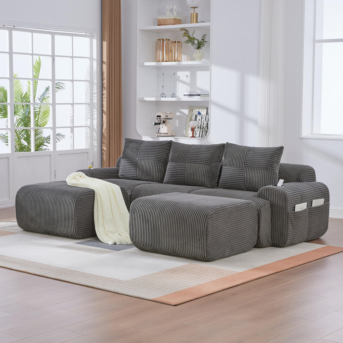 WOHNLANDSCHAFT Cord Dunkelgrau mit Becherhalter, Aufbewahrungstasche und mit Hocker - Dunkelgrau, Textil (268/80/174cm) - WISHDOR