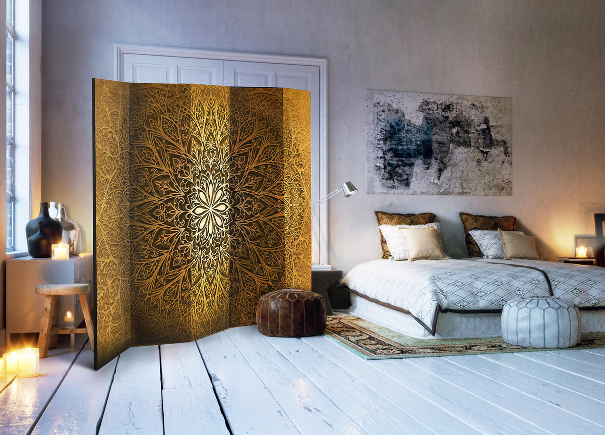 PARAVÁN Obojstranný 5-Dielny 225x172 cm Mandala - žltá, drevo/textil (225/172/3cm) - Muralo