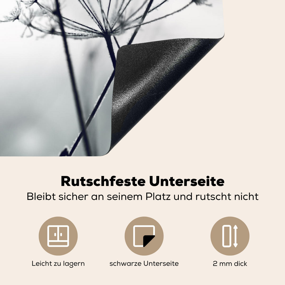 HERDABDECKPLATTE Blumen - Winter - Schnee - Natur Induktionsmatte 83x51 cm - Grau, Kunststoff (83/51.5/0.2cm) - MuchoWow