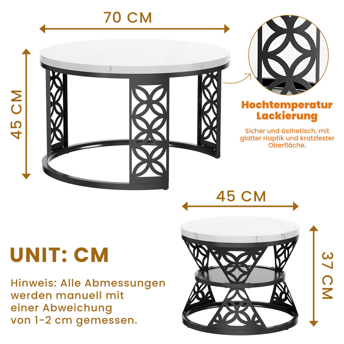 COUCHTISCH-SET mit Marmoreffekt und Metallrahmen Basis, Stapelbarer Beistelltisch Set 70/70/45 cm + 45/45/37 cm, Weiß und Schwarz - Weiß, Holzwerkstoff (70/70/45cm) - Redom
