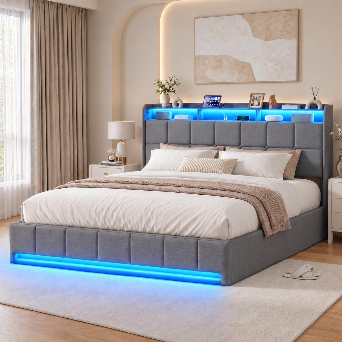 POLSTERBETT 160/200 cm,Doppelbett mit Stauraum, LED & USB,Grau - Naturfarben/Grau, Holz/Textil (160/200cm) - FURNISHINGS HOME