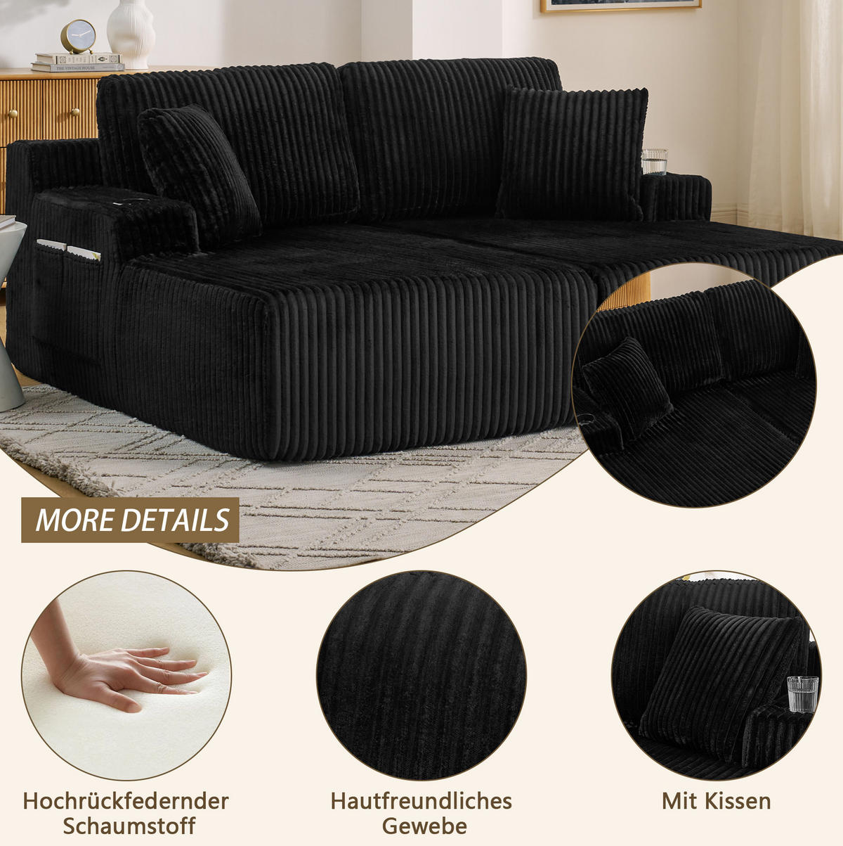 2-SITZER Schlafsofa aus Schaumstoff und Kordstoff Schwarz mit Magazintasche, Getränkehalter und abnehmbaren Kissen - Schwarz, Kunststoff (186/78/154cm) - Modfu