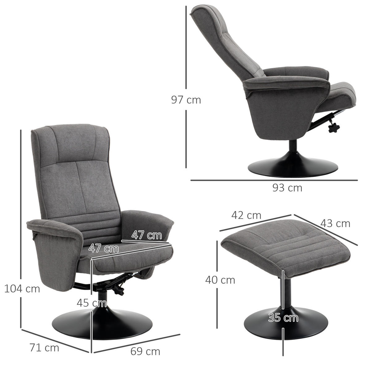 RELAXSESSEL mit Fußhocker verstellbare Rückenlehne für Schlafzimmer Dunkelgrau - Dunkelgrau/Schwarz, Textil/Metall (71/104/69cm) - HOMCOM