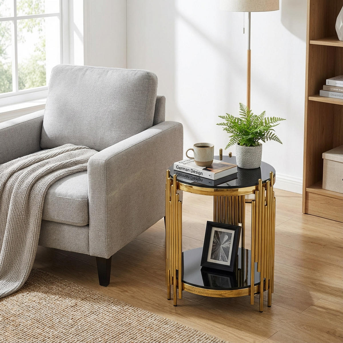 COUCHTISCH Beistelltisch Eckdesign kompakt 2-stufig mit Glasplatten Metallgestell platzsparend Neutral Standardgröße - Goldfarben/Schwarz, Glas/Holzwerkstoff (45/45/55cm) - EVRYAE