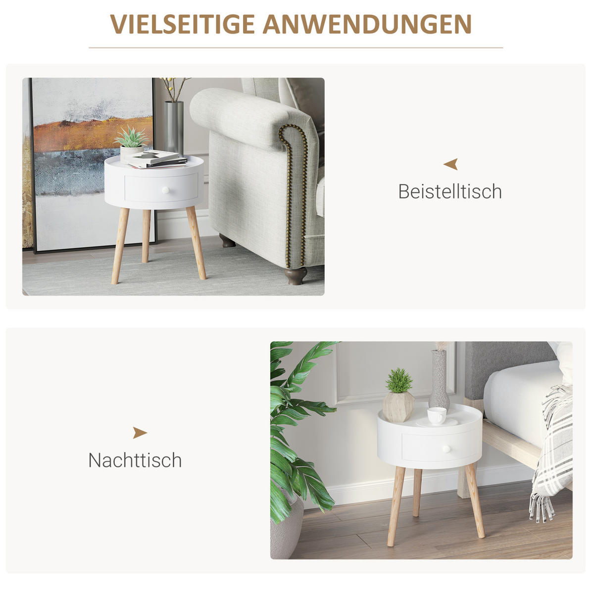BEISTELLTISCH 38/38/45 cm Weiß runder Couchtisch mit Schublade skandinavisch - Weiß, Holzwerkstoff (38/38/95cm) - OKWISH