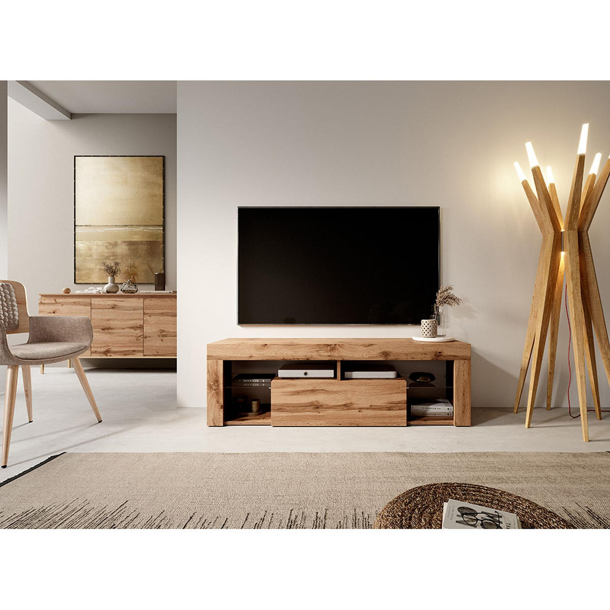 TV-LOWBOARD Bianko Lancelot Eiche mit LED, 140 cm - Eichefarben, Holzwerkstoff (140/50.5/35cm) - Selsey