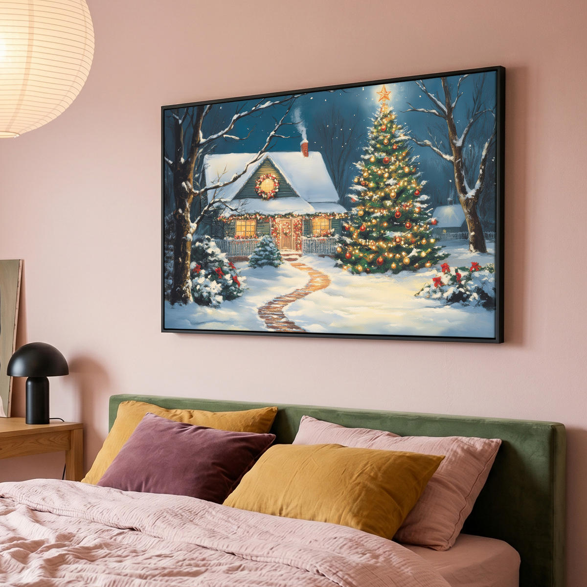 LEINWAND Bilder mit Rahmen - Weihnachten - Weihnachtsbaum - Winter - Zuhause - Schnee - 120x80 - Smaragdgrün, Textil (120/80cm) - MuchoWow